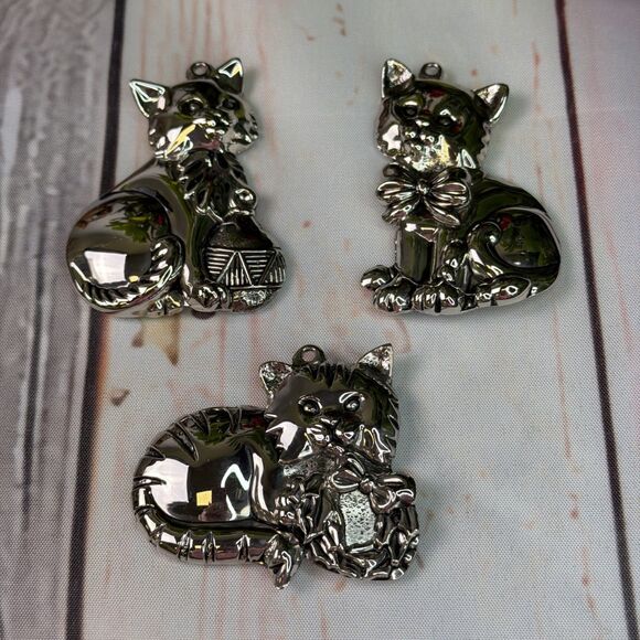 Gorham Other - Gorham Silverplate Cat Ornaments, Set of 3, Yarn Fish Wreath Christmas Decor